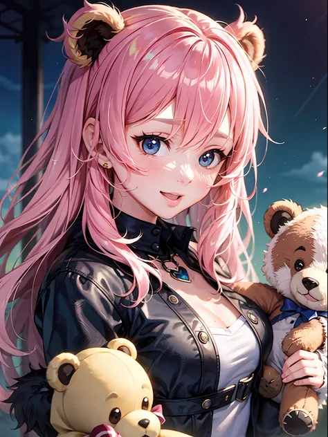 anime kumakuma kuma bear、bear costume、pink hair、kawaii girl、high - resolution、high picture quality、sorrisos、hig quality、blue sky...