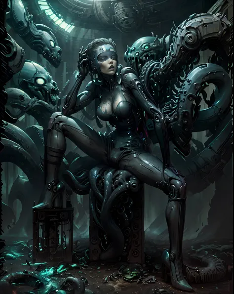 hrgiger,  sitting female , biomechanical,  model selfie shot, legs stretch , green poison lips, blindfolded, kissing, deprevatio...