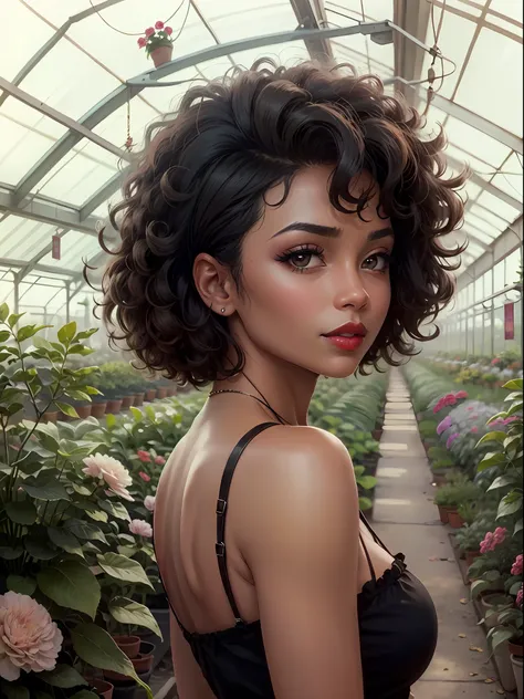 color film photograph of a beautiful ebony woman, short hair, curly hair, flower greenhouse, 1980s, makeup, red lipstick