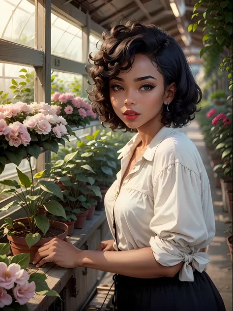 color film photograph of a beautiful ebony woman, short hair, curly hair, flower greenhouse, 1980s, makeup, red lipstick