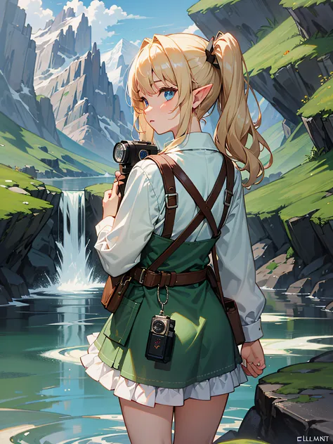 elvish, enmaided, solo, full entire body, rear view, platinum-blonde,twintails, blue eyes, green apron dress, leather pouch, hol...