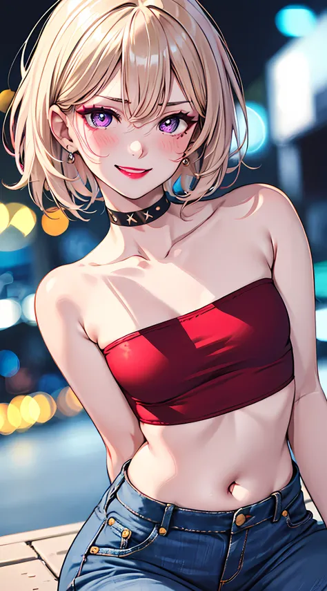 gyaru, masterpiece, best quality, (straddling:1.5), raw photo, absurdres, delicate girl, beautiful face, close up, 8k, DSLR, (dark red eyeshadow, redish pink lips:1.2), smile, (evil smile, embarrassed:1.4), blush, lonely, (strapless tank top, low-rise:1.2...