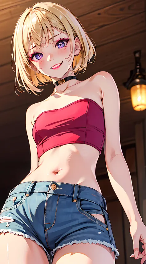 gyaru, masterpiece, best quality, (standing, from below:1.5), raw photo, absurdres, delicate girl, beautiful face, cowboy shot, 8k, DSLR, (dark red eyeshadow, redish pink lips:1.2), smile, (evil smile, embarrassed:1.4), blush, lonely, (strapless tank top,...