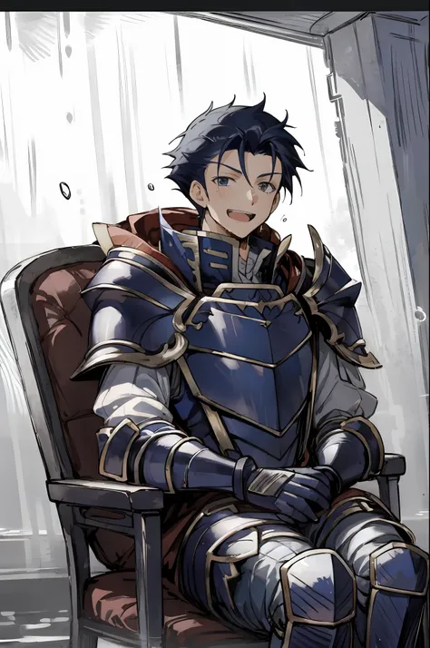 Hector Fey, 独奏, looks at the viewer, Teasing laughter, Open your mouth,droolng,perspire,Drenched,Get wet,mitts, 1 man, Male focus, Sit straddled(sitting in chair),Cloak, Armour, Shoulder armor, pov from below