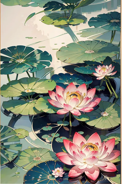 large lotus leaf，lotuses，ink painting style，clean color，ink style，smudge，leave white space，freehand，the masterpiece，ultra verbos...