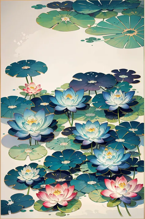 large lotus leaf，lotuses，ink painting style，clean color，ink style，smudge，leave white space，freehand，the masterpiece，ultra verbos...