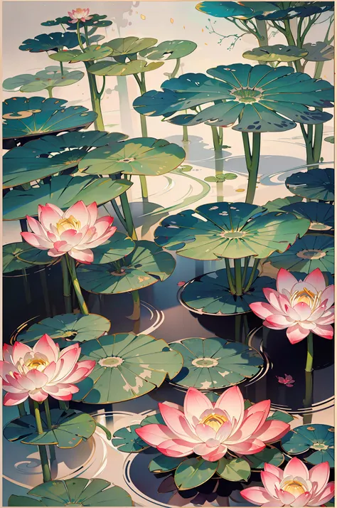 large lotus leaf,lotuses,Ink painting style,clean color,Ink style,Smudge,Leave white space,Freehand,The Masterpiece,Ultra Verbose,Epic composition, high qulity, Maximum quality,Lotus fairy,ancient wind,Dunhuang Flying Sky