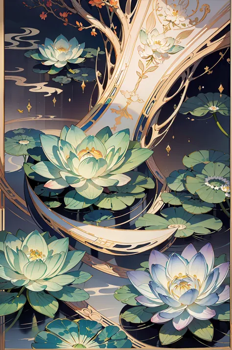 big lotus leaves, lotus flowers, ink painting style, clean colors, ink style, smudging, decisive cutting, white space, freehand,...