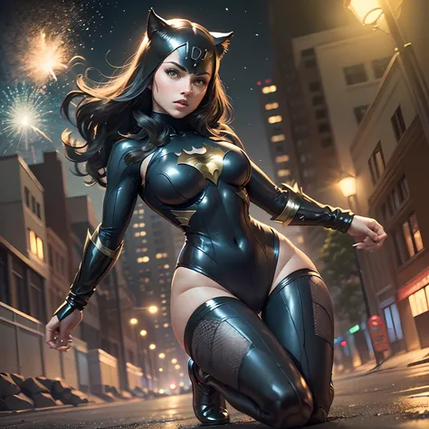 full camera shot, Cat-Woman sexy female, doing superhero landing, ((cracking the asphalt underneath)), dramatic lighting, full body display, ((at night)), ((in the art style of J. C. Leyendecker))