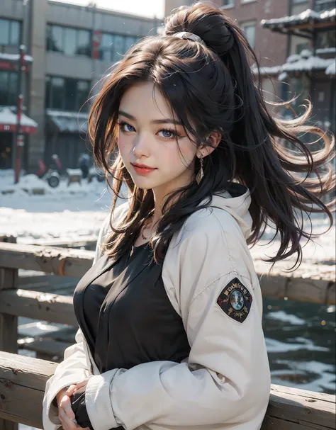 Best quality, masterpiece, (A puppy, Realistic: 1.2), (Waist up) fashion photo of 1girl, Beautiful face, Detailed face, Detailed eyes, Soft skin, Golden eyes, Purple hair, High ponytail, real hair moving in the wind, white winter jacket, mitts, Dramatic, v...