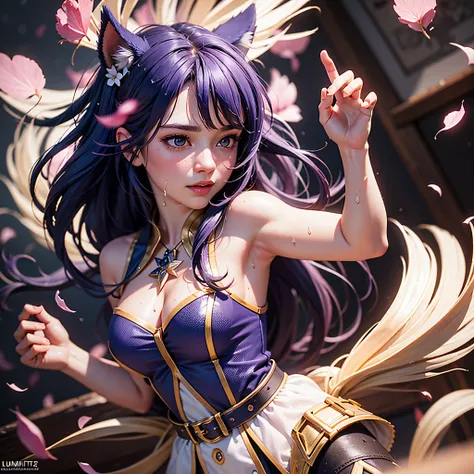 Cute Ahri, dancing in the rain of fire, burning sakura petals, warm vibrant pastel colors, magical wood atmosphere, cinematic, muted colors, film grainy, lut, insane details, intricate details, hyperdetailed, closeup, twilightart, 8k, by LightBoxLightbox 2...