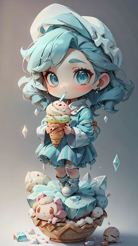 plastican00d， 1girls， chibi t-shi， blue hair， luxury fabrics， dithering， ice cream texture，profound， looks at the viewer， stripe...