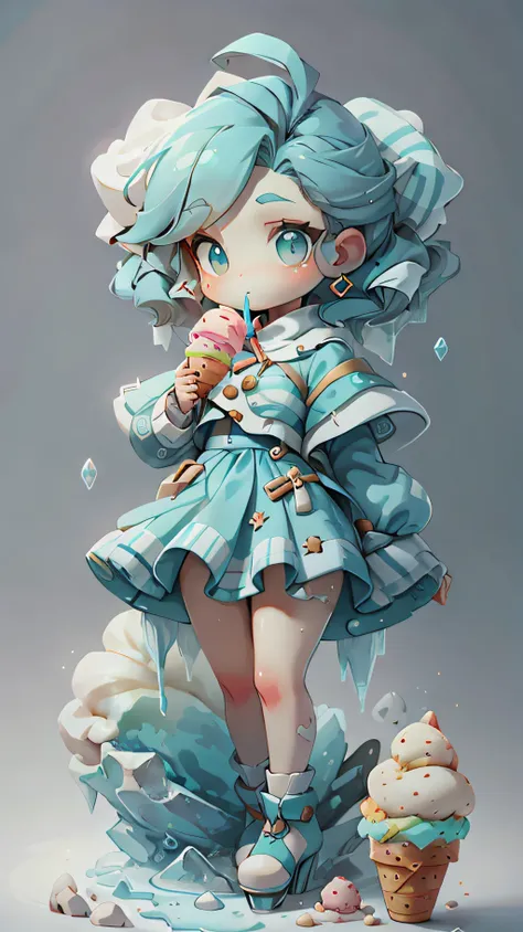 plastican00d， 1girls， chibi t-shi， blue hair， luxury fabrics， dithering， ice cream texture，profound， looks at the viewer， stripe...