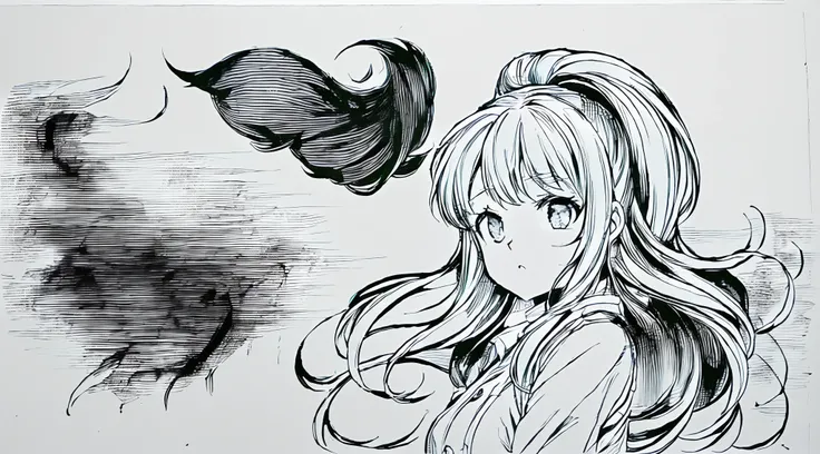 (black and white manga style，detailed manga style，pencil and ink manga，pencil and ink manga drawing，ink manga drawing，striking manga artstyle，Manga illustration，The manga art style shows the long hair of the characters、pony-tail，4k manga wallpapers，comic d...