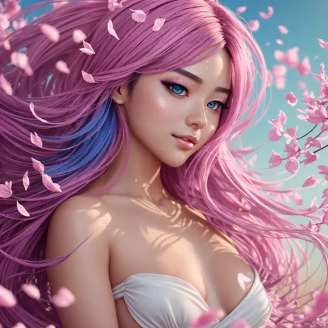 Ahri in a huge pile of cherry petals, ultra joyful, bright blue eyes, pink-orange gradient hair, wearing a ultra thin gradient beach dress made from sakura petals, ultra warm and bright day, skin indentation, warm vibrant pastel colors, cinematic, insane d...