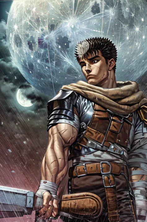 masterpiece, best quality, highly detailed, guts \(berserk\), 1boy, armor, bandages, black hair, cape, full moon, huge weapon, m...