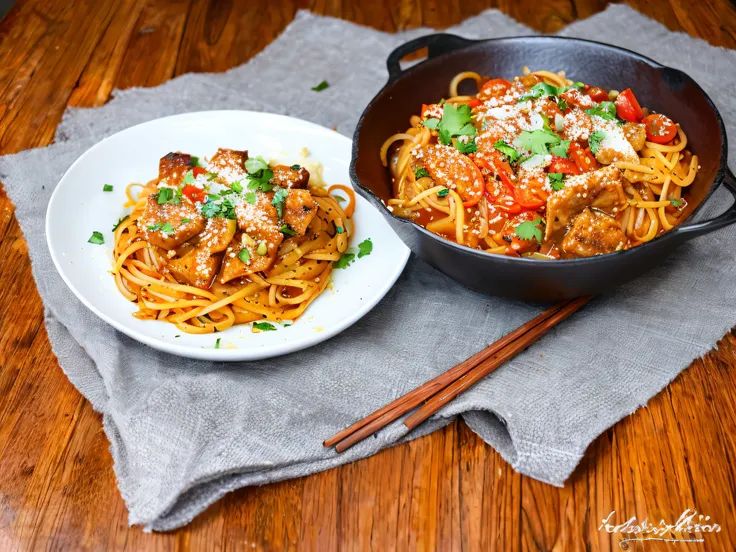 spicy american chop suey with tomato sauce on a wooden table