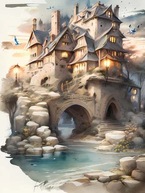 miaobishenghua , [(white background: 1.5)::5], 1 house, medium shot, full body, butterflies, flowers, floating petal, stone fragment, beautiful and detailed water, cloud, sun, twilight, sunset, beautiful detailed gate,