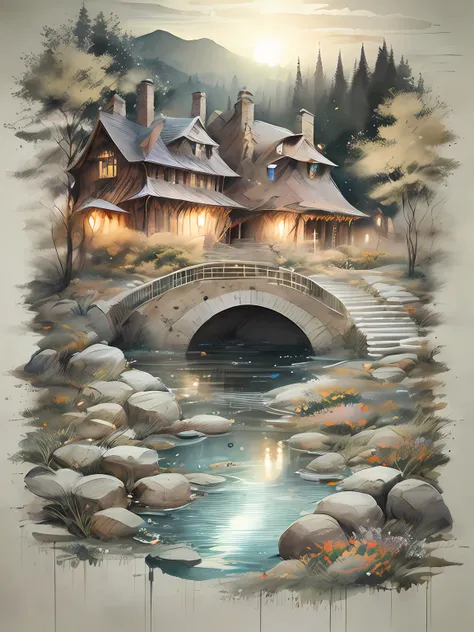 miaobishenghua , [(white background: 1.5)::5], 1 house, medium shot, full body, butterflies, flowers, floating petal, stone fragment, beautiful and detailed water, cloud, sun, twilight, sunset, beautiful detailed gate,