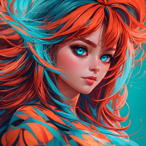 art by alena aenami, a blue glaring eyes, joyful ginger ahri, minimalism, cinematic, dimmed colors, warm cyan-red-pink-orange co...