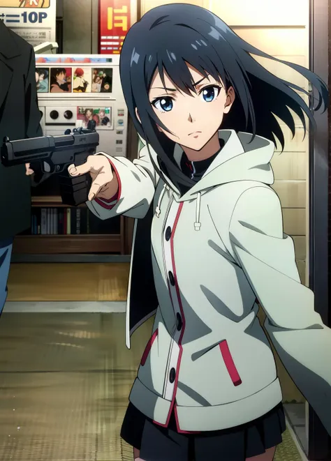 anime girl with short hair holding a gun and pointing at the camera, misato katsuragi, yuri misaki, dark hair and cybernetic, ya...