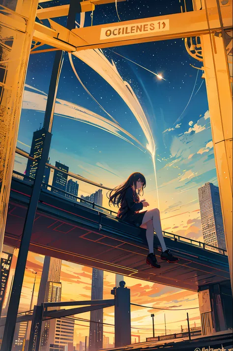 octans, sky, star (sky), scenery, starry sky, night, 1girl, night sky, solo, outdoors, building, cloud, milky way, sitting, tree, long hair, city, silhouette, cityscape