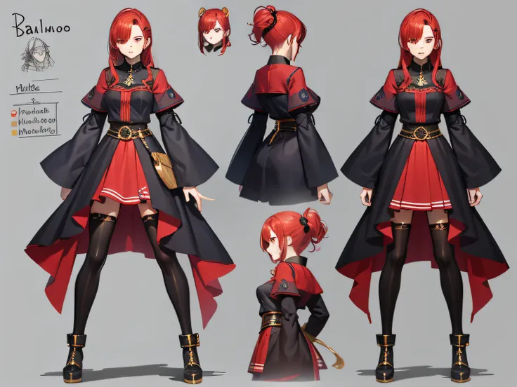 character sheet, full-body, famale, red haired, de baixo, estilo anime, 4k, alta qualidade