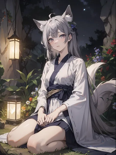 best qulity， lifelike， 8k， high - resolution， 1girls， fox ear， weak expression，medium distribution type，in the cave，hanfu，sittin...