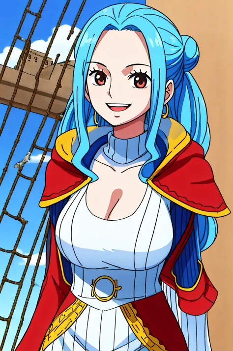 1girl, smile, close up, castel, blue hair,  back focus,happy,turtleneck,clothing aside,double vertical stripe.double bun,from si...