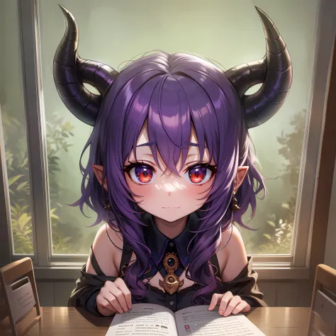 anime girl with horns reading a book in front of a window, demon anime girl, demon girl, portrait of demon girl, anime moe art s...