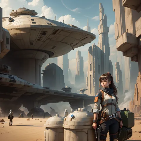 una impresionante mujer guerrara jedi observa desde una terraza la ciudad de coruscant con sus inmensos edificios y estructuras ...