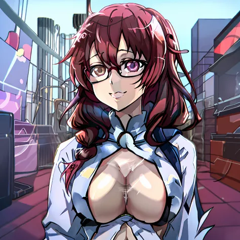 2d, masterpiece, best quality, anime, highly detailed face, highly detailed eyes, highly detailed background, perfect lighting, 1girl, solo, standing, ,koe no katachi, round glasses,Shouko Nishimiya, ,, huge breasts, glowing eyes, Hoshino Ai Eyes, smirk, s...
