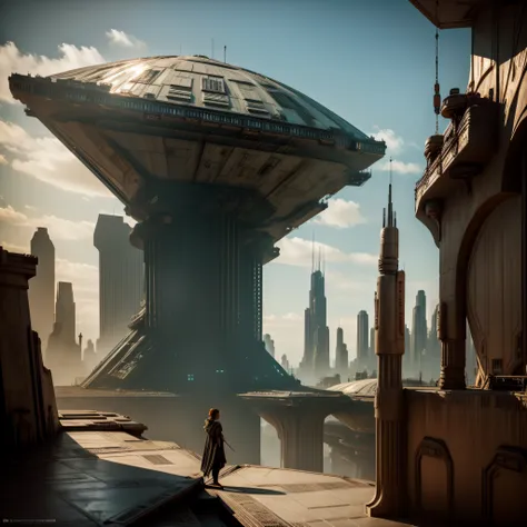 una impresionante mujer guerrara jedi observa desde una terraza la ciudad de coruscant con sus inmensos edificios y estructuras ...