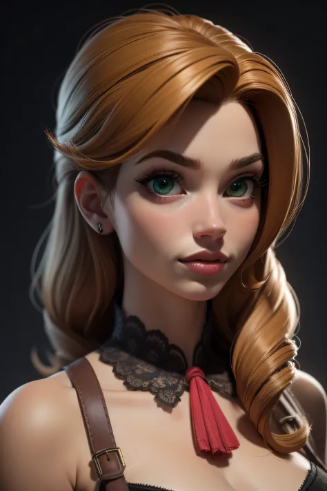obra-prima, melhor qualidade, trabalho de rending 3d, estilo 3DMM, close-up, retrato, 3D, atriz Scarlett Johanssone, solo, cabelo castanho, colar de corda, olhando para o lado, realista, parte superior do corpo, fundo simples, franja, olhando para longe, c...