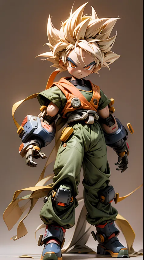 chibi，full body，a three-year-old boy mech，son goku，mecha body，supersaiyan，spiked hairstyle