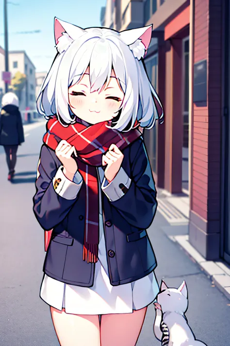 masterpiece, best quality, 1girl, white hair, medium hair, cat ears, closed eyes, looking at viewer, :3, cute, scarf, jacket, outdoors, streets,
