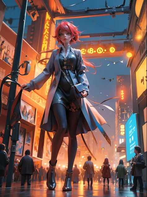 ((Masterpiece)), ((Best quality)), 8K, high detaild, Ultra-detailed, A girl standing on the rooftop overlooking the city, teto, Buildings, Streets, City lights.