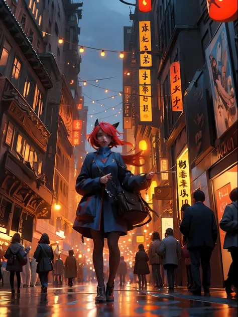 ((Masterpiece)), ((Best quality)), 8K, high detaild, Ultra-detailed, A girl standing on the rooftop overlooking the city, teto, Buildings, Streets, City lights.