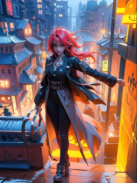 ((Masterpiece)), ((Best quality)), 8K, high detaild, Ultra-detailed, A girl standing on the rooftop overlooking the city, teto, Buildings, Streets, City lights.