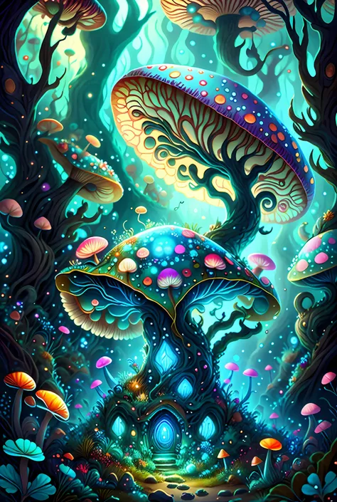 there is a painting of a fantasy mushroom forest with a dragon, detailed digital 2d fantasy art, detailed fantasy digital art, a...