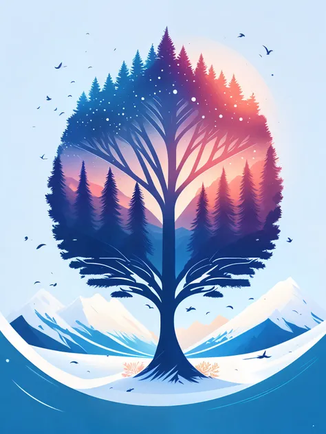 a spruice tree in a winter landscape, tshirt design, rzminjourney, vector-art