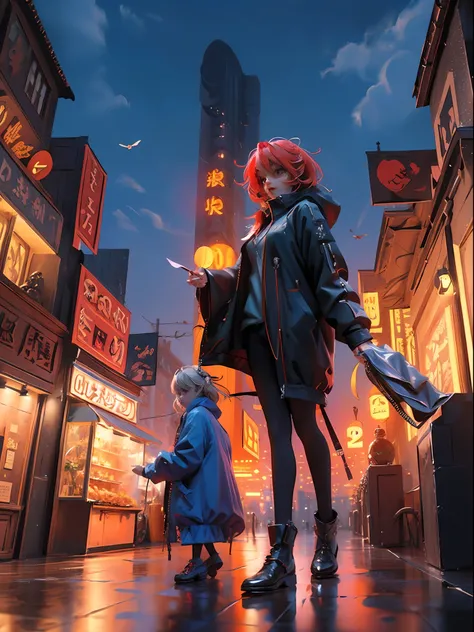 ((Masterpiece)), ((Best quality)), 8K, high detaild, Ultra-detailed, A girl standing on the rooftop overlooking the city, teto, Buildings, Streets, City lights.