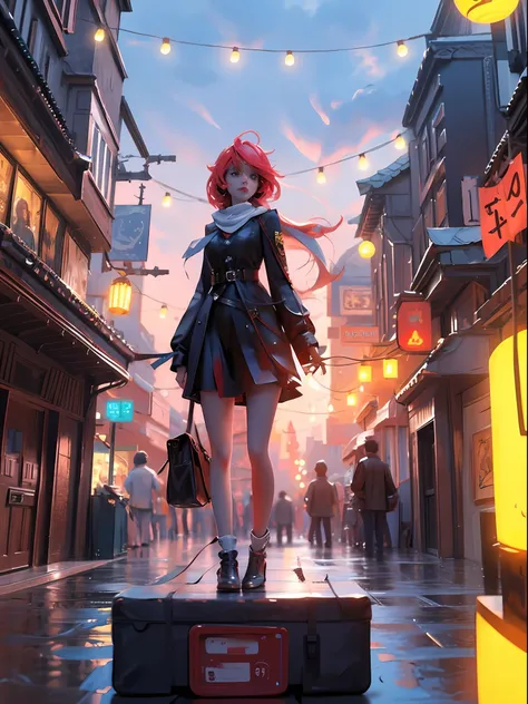 ((Masterpiece)), ((Best quality)), 8K, high detaild, Ultra-detailed, A girl standing on the rooftop overlooking the city, teto, Buildings, Streets, City lights.