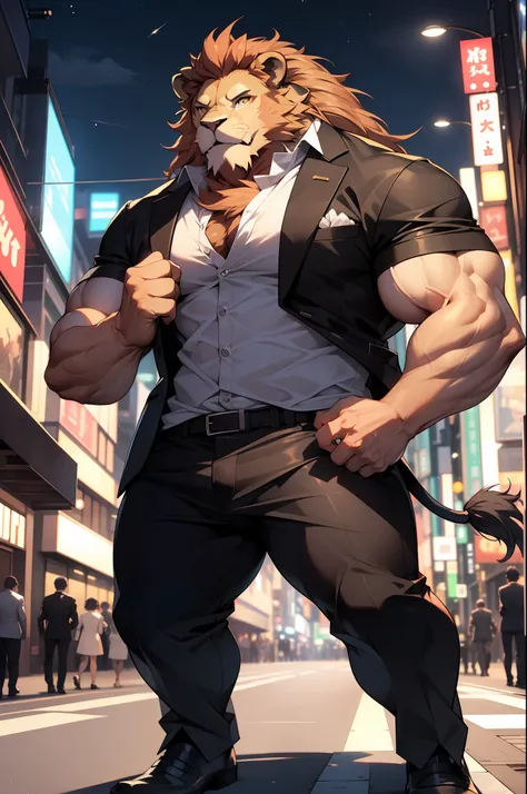 "((1 huge muscular lion-man:1.2) wearing suits in the cityscape, huge arm, huge chest, (1man)), dark night, tokyo night, lamp