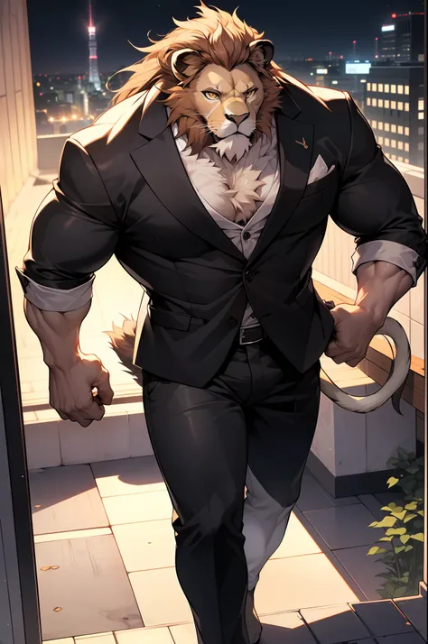 "((1 huge muscular lion-man:1.2) wearing suits and smoking in the rooftop , huge arm, huge chest, (1man)), dark night, tokyo nig...