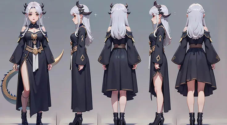 Q version, ancient dress, Silver hair, pupils sparkling, Dragons horn, long hair, three views, the front view, the sideview, the back view , Full-body shot, Three views of cute girl 3D IP, Octane rendering, three sided view, 8k, super detail, ccurate, best...