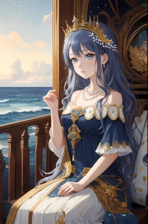 maiden, alone, long navy blue hair, blue eyes, dress, necklace, pearl, shell, waves, ocean, sea, fish, boat, hyperdetail, best p...