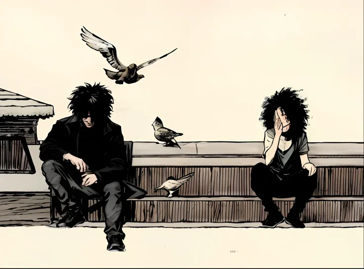 there are two people sitting on a bench with birds flying around, the sandman from the graphic novel, an epic portrait of the sa...