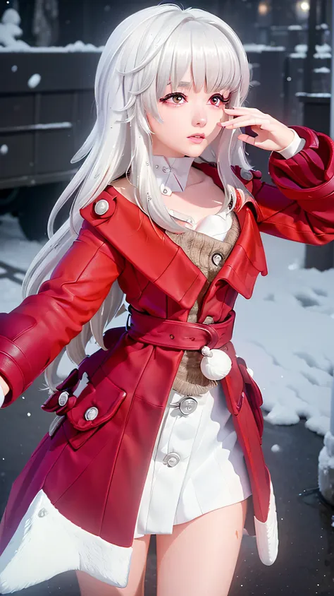 a cosplay woman as clara from honkai star rail, white long hair, red eyes, red jacket