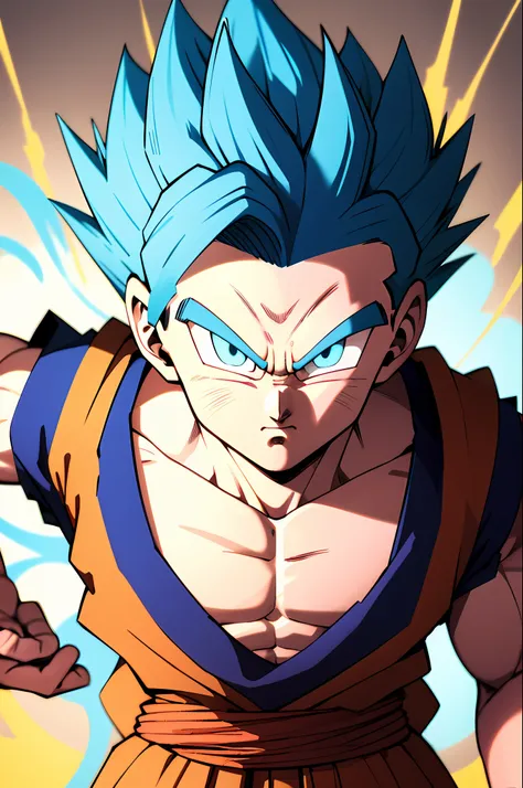 the masterpiece，need，son gohan super saiyan,fierce eyes，blue eyes，glowing with，blue hair